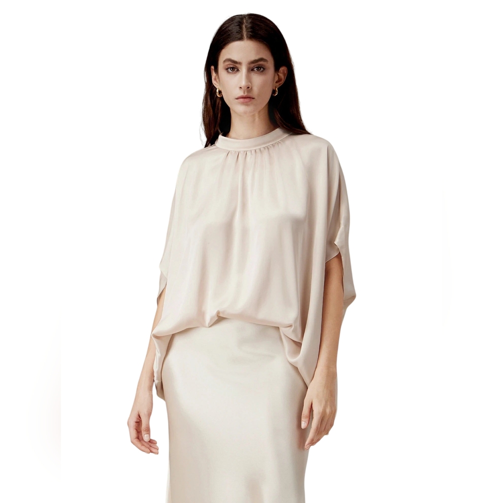 Amoretu Round Neck Solid Satin Dolman Short Sleeve Pleated Blouse Top